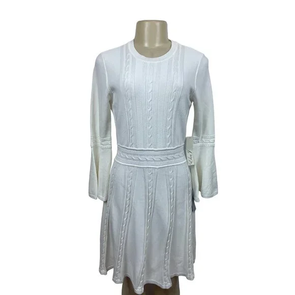 eliza j ivory dress Eliza J Ivory Floral Satin Fit & Flare Belted Round Neck Knee Dress (4)